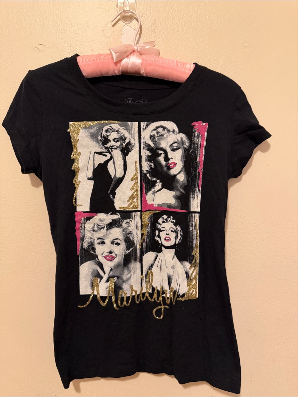 Marilyn Monroe Black Short Sleeve Graphic Tee with Gold Foil and Pink Accents